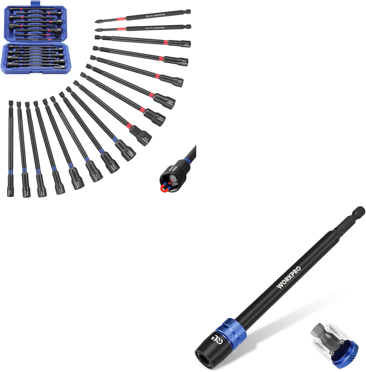 WORKPRO 16-Piece Magnetic Nut Driver Set and Bit & WORKPRO Drill Bit Extension, 6" Drill Screwdriver Bit Holder for Impact Driver Bits