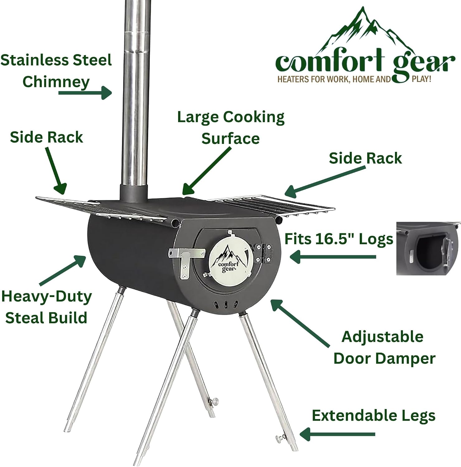 18" Outfitter Camp Stove – Heavy-Duty Lightweight Steel, Fits 16.5" Logs, XL Cooking Surface, Drying Rack, Adjustable Damper, Carry Bag, 1-YEAR Warranty