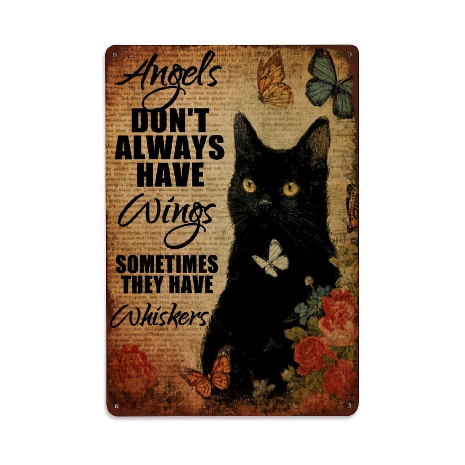 Bliveurn Vintage Black Cat With Butterflies And Flowers Retro Metal Tin Sign, Metal Poster For Home, Gaming Room, Studio Workshop,Bar,Garage Wall Art Decor 8X12 Inch
