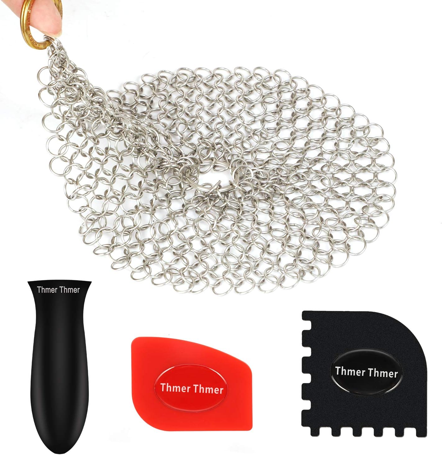 Cast Iron Skillet Cleaner, Cast Iron Chainmail Scrubber Stainless Steel Cookware Scrubber with Hot Handle Holder 2 Pan Scrapers for Skillet Grill Pan Pot Wok Griddle 7 inches Round