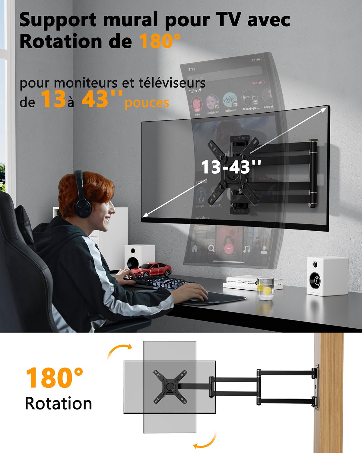 Support Mural TV à Extra Longue Portée 1036mm, [180°Rotation] [180° Pivotant] Support TV Mural Orientable et Inclinable pour Écrans & Monitors 13-43 Pouces LED LCD, Max VESA 200x200mm