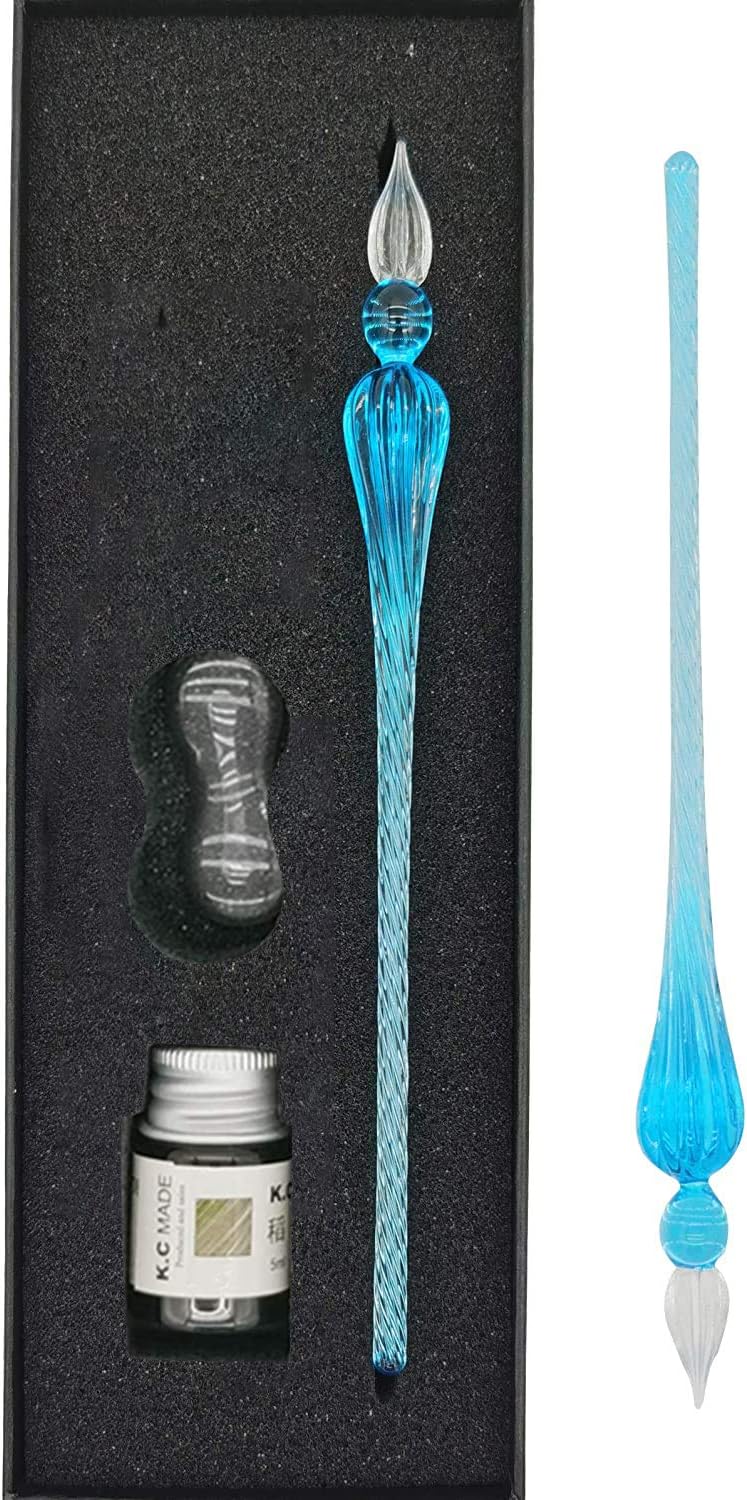 iLink Glass Dip Pen Set with Ink, Glass Calligraphy Pen with Holder, Crystal Fountain Pens for Art, Signatures, Valentine's Day and Business(Blue)
