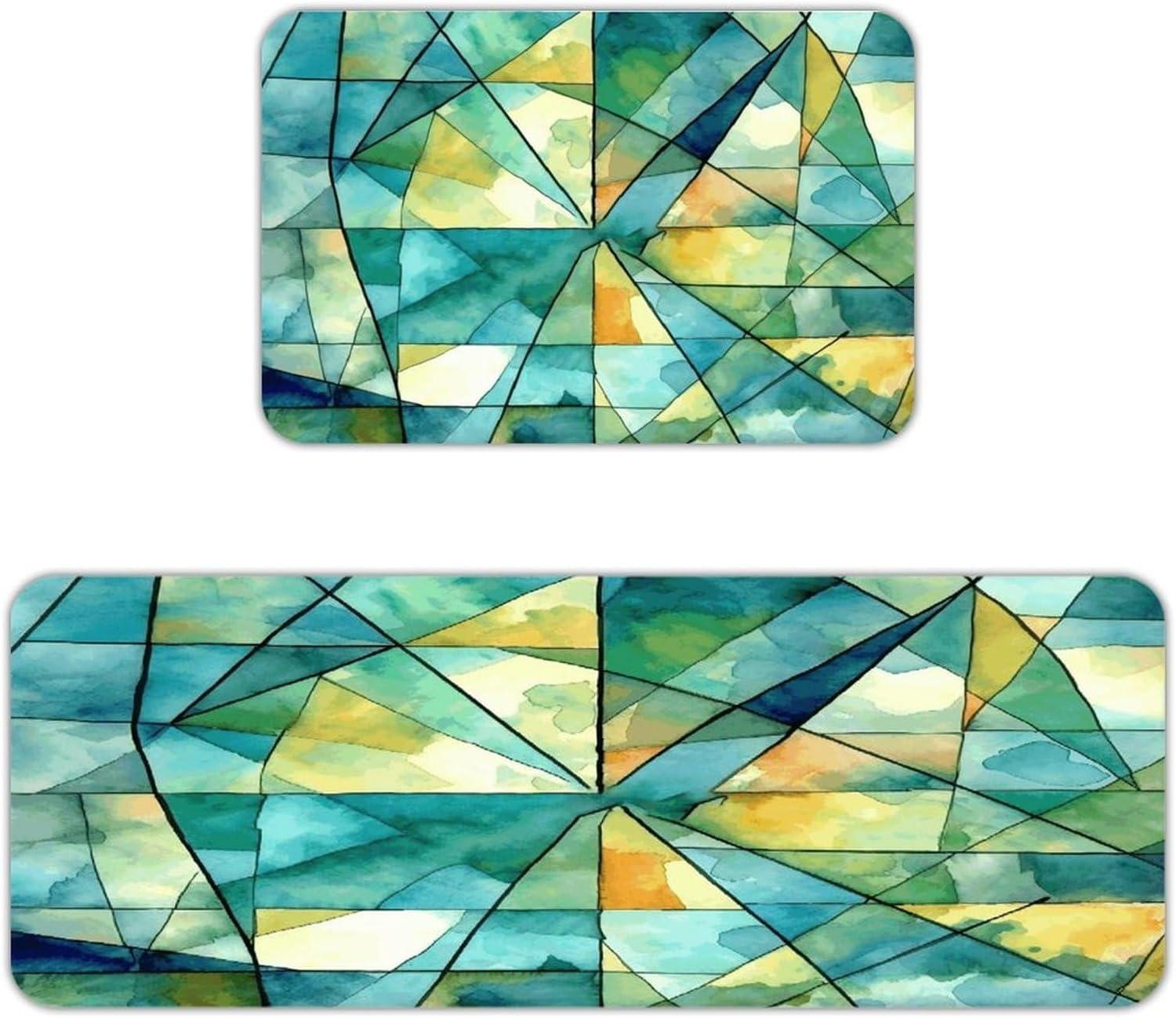 Green Geometric Pattern Kitchen Mats with 2PCS Non-Slip Washable,Kitchen Rug Heavy Duty Durable, Floor Mats for Kitchen,Office,Sink,Laundry