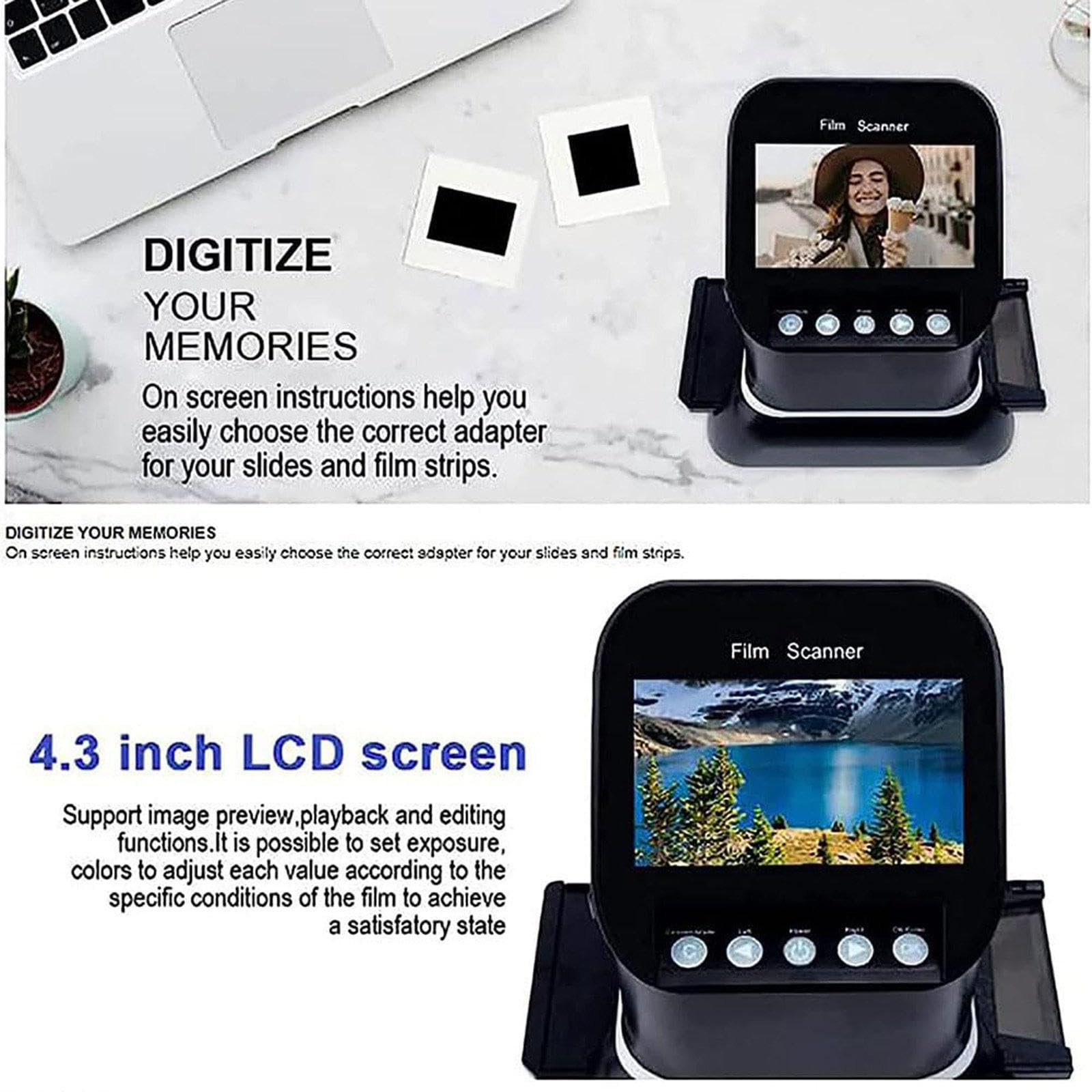 Scanner per diapositive USB/SD + schermo LCD da 4,3'', scanner per pellicole ad alta risoluzione - 22 milioni di alta definizione, converte negativi/diapositive da 120/135/126/127 in JPEG digitale