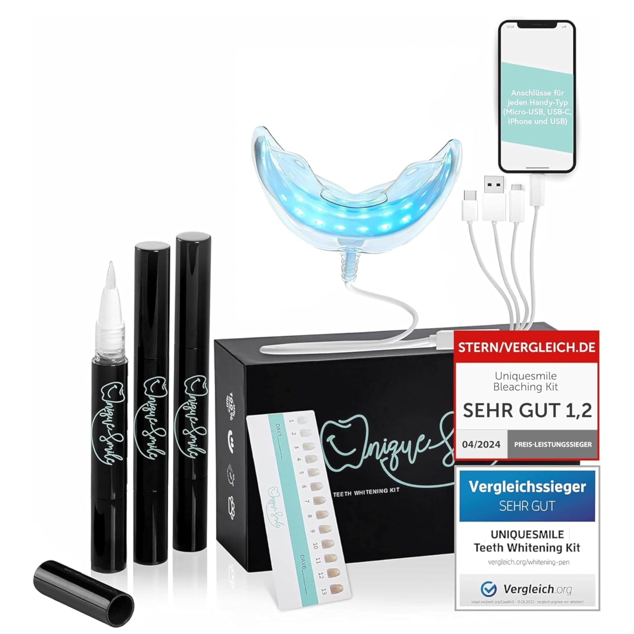 UniqueSmile Kit de teeth whitening de haute qualité pour éclaircissement des dents et dents blanches - 100 jours d'essai sans risque