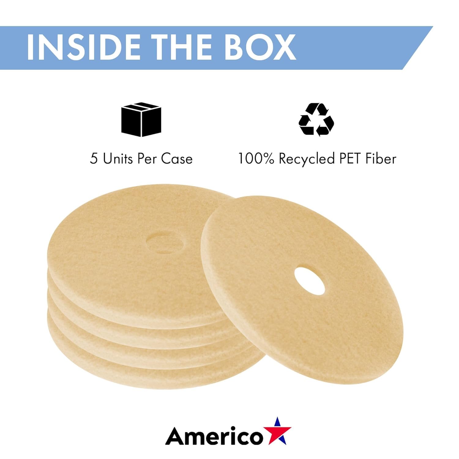 Americo Beige Carpet Cleaning Floor Pad, 19" Diameter, 5 Pads/Case, Made in USA