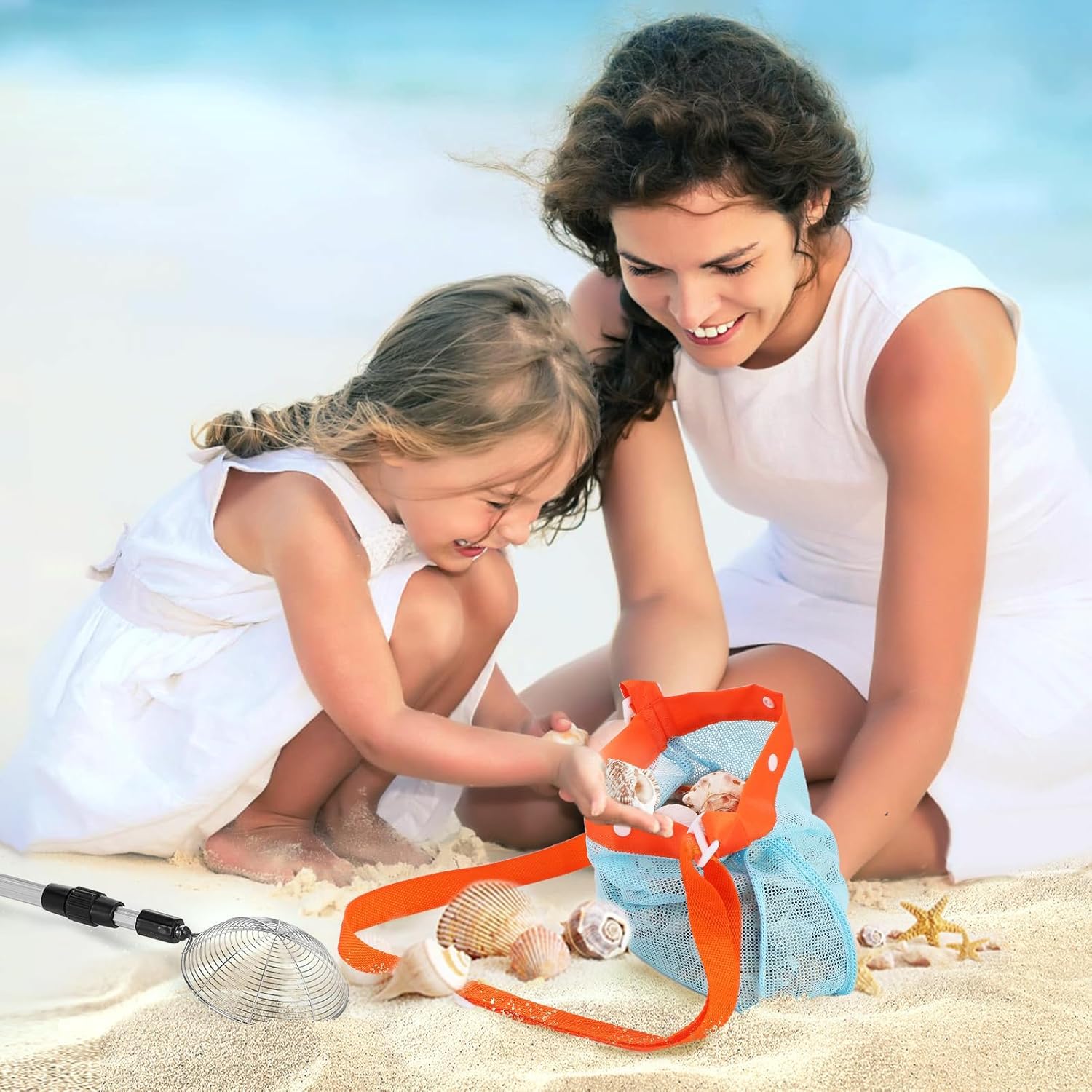 KAHEIGN Przesiewacz piasku z torbami z muszelem, 55-84 cm, regulowany przesiewacz zębów rekina, łopatka z wysuwanym uchwytem, do zbierania muszli, plażowania i polowania na skały, 2 szt