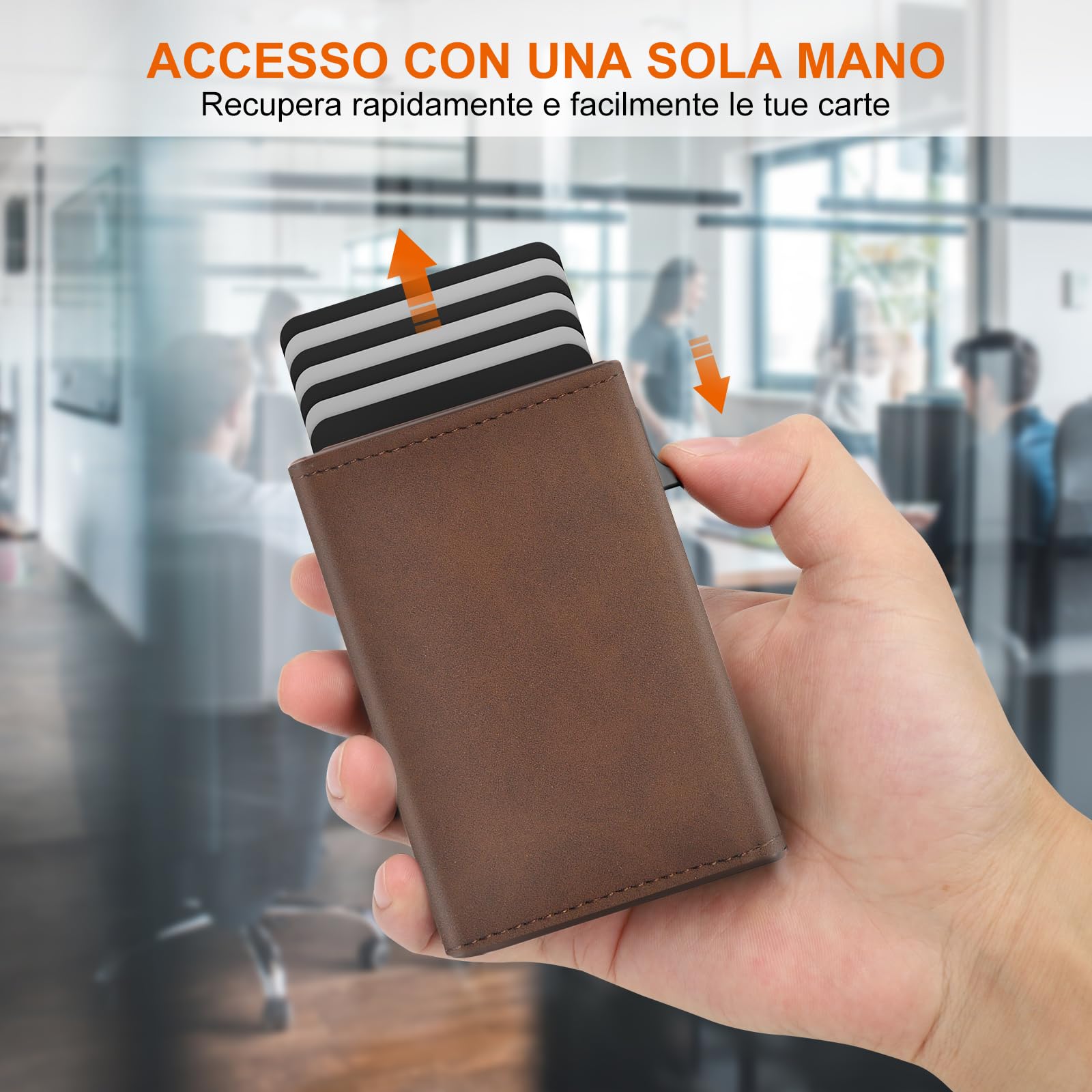 Portafoglio Uomo Slim, Porta Carte di Credito Uomo con Chiusura Magnetica e Tasca Portamonete, Portafoglio uomo Pelle, Portacarte Uomo Pop-up per 9-14 Carte | Finestra ID | Slot per Contanti Marrone