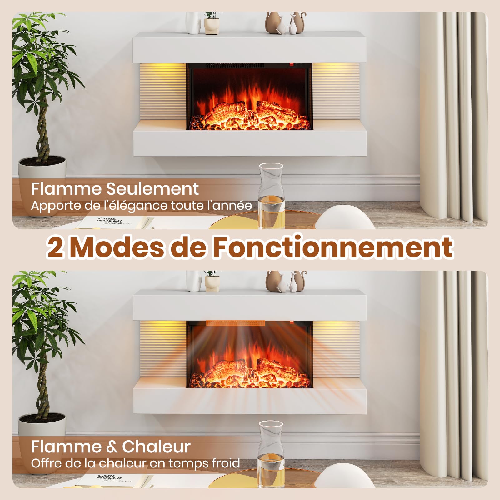 RELAX4LIFE Cheminée Électrique Murale 750W/1500W avec Effet Flamme LED