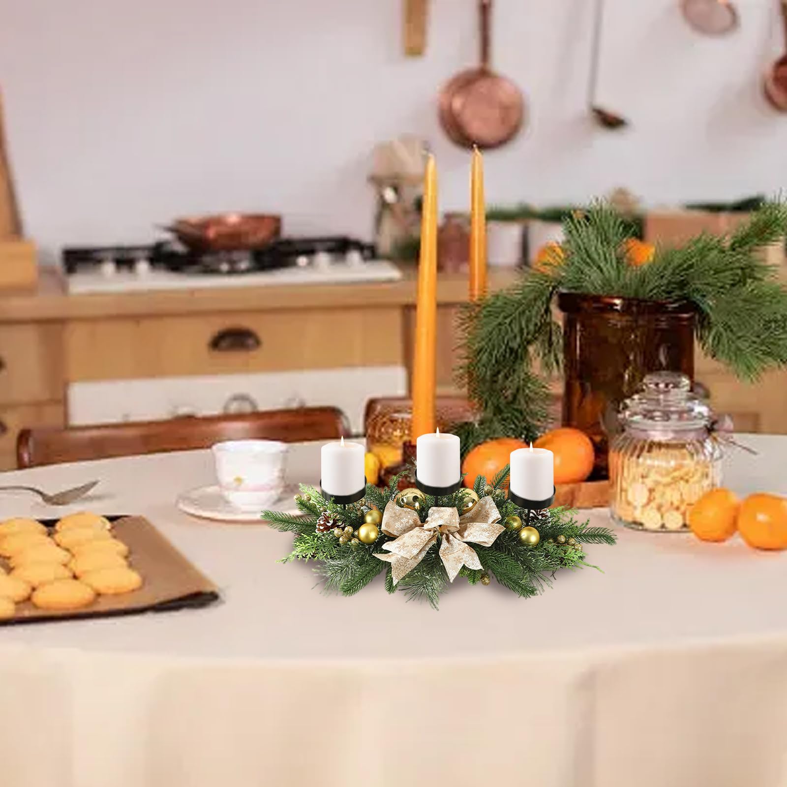 Centros de Mesa navideños, portavelas navideño con 3 bandejas, centros de Mesa con Lazo, Adornos, Bayas y Agujas de Pino para Fiestas, Decoraciones