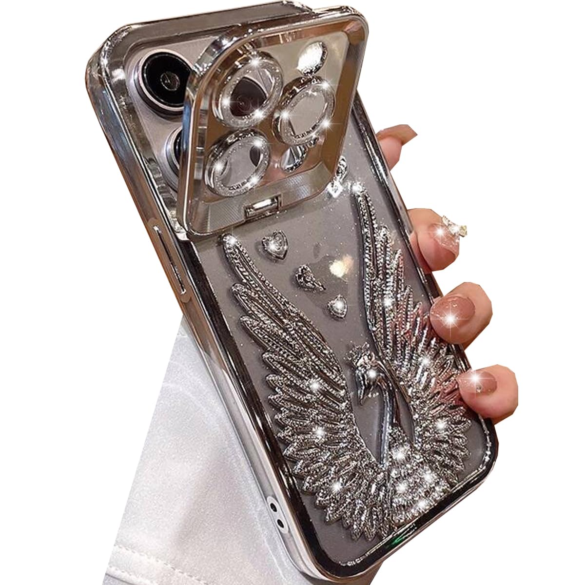 Changjia Clear Glitter Case for iPhone 15 Pro Max, Cute 3D Diamond Rhinestone Wings with Bling Sparkly Camera Kickstand Soft TPU Bumper Shockproof
