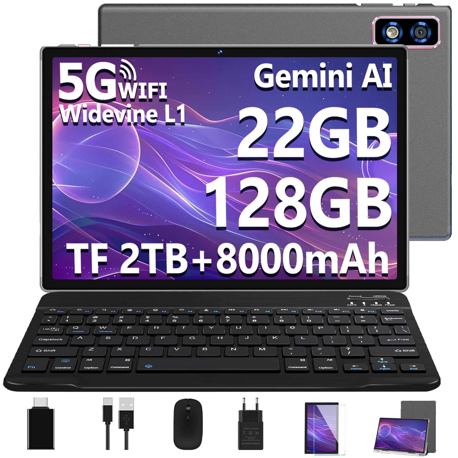 Último Tablet Gemini AI Android, Tablet 10 Pulgadas, 22GB+128GB/TF 1TB, Octa-Core 2.0GHz, 5G WiFi, Bluetooth5.0, 8000mAh Batería, 8MP+5MP, Widevine L1, GPS, Tablet con Funda, Teclado y Ratón - Gris