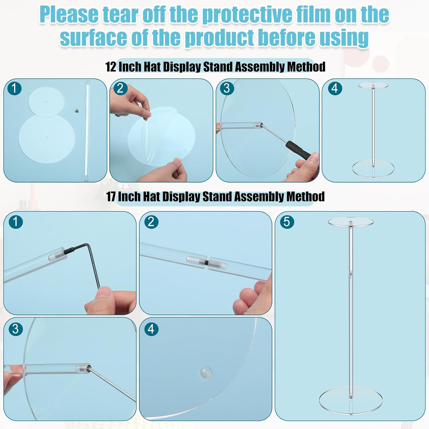 Geetery 8 Pcs Acrylic Hat Stand 12" to 17" Adjustable Clear Wig Display Rack Height Table Hat Holder Pedestal With Round Barbell Base Organizer Acrylic Risers