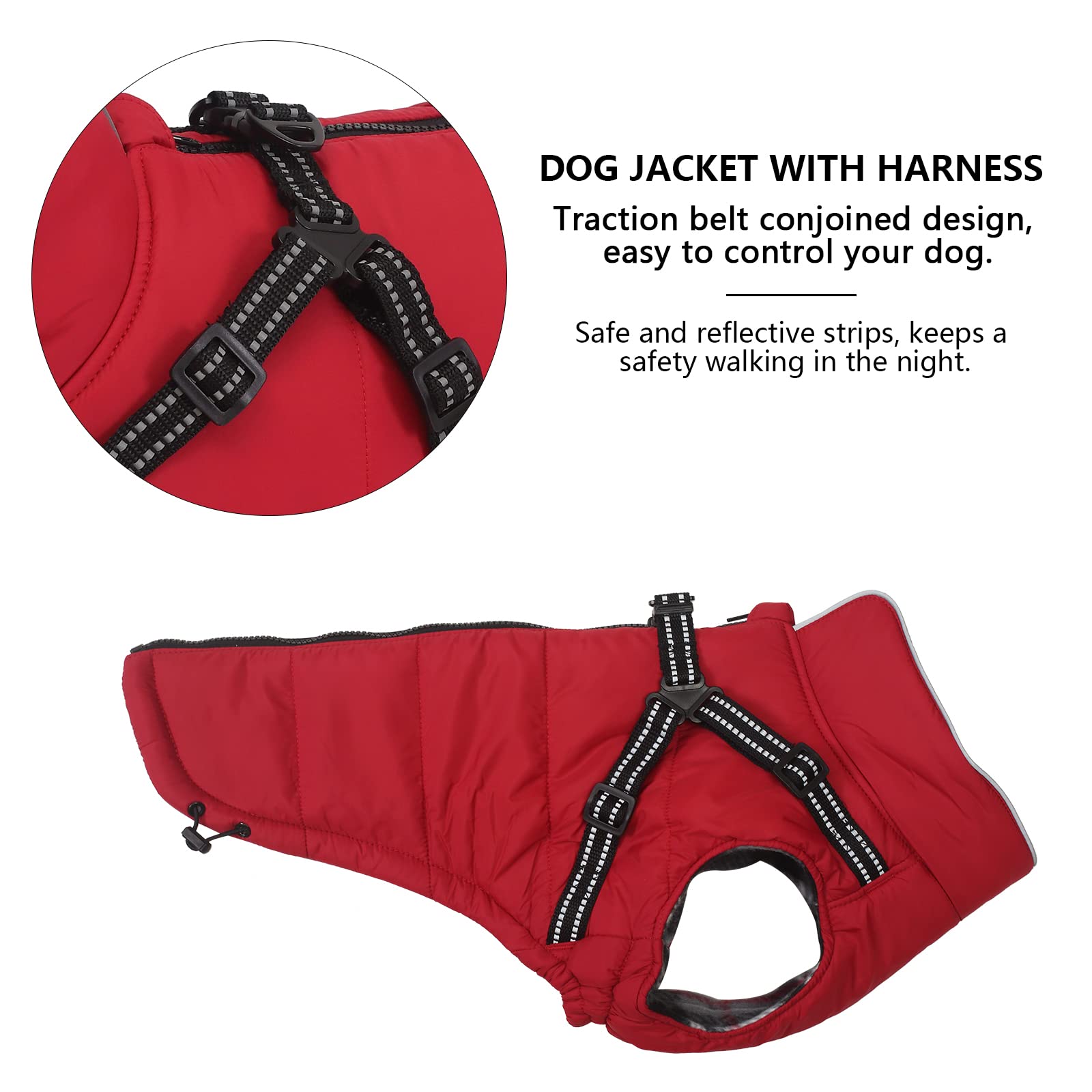 Abrigos y Chaquetas cálidos para Perros con arnés,Chaleco Reflectante Impermeable para Perros Mascotas, Ropa de Invierno para Perros con Correa en el Pecho,para Perros pequeños y medianos-Rojo-XL