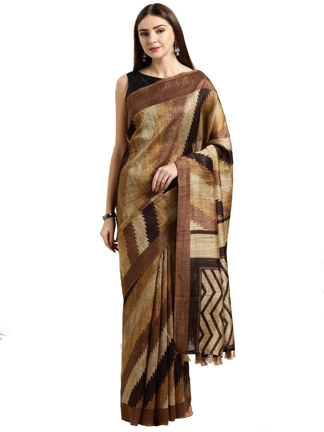 Monira Women's Linen Cotton Stripe Print Traditional Saree With Blouse Piece (Brown and Beige)