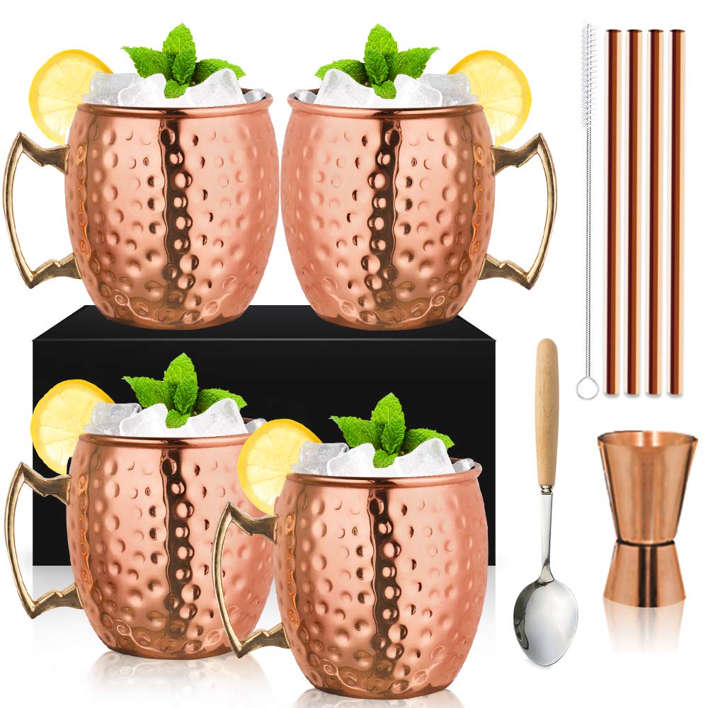 SuproBarware Moscow Mule Mugs Copper Mule Cup Kit 18oz Set of 4 with Handle Large Copper Hammered Plating Cups with 0.5oz Double Jigger, Stainless Steel Straws, Spoon for Cold Drinks Cocktails Wine