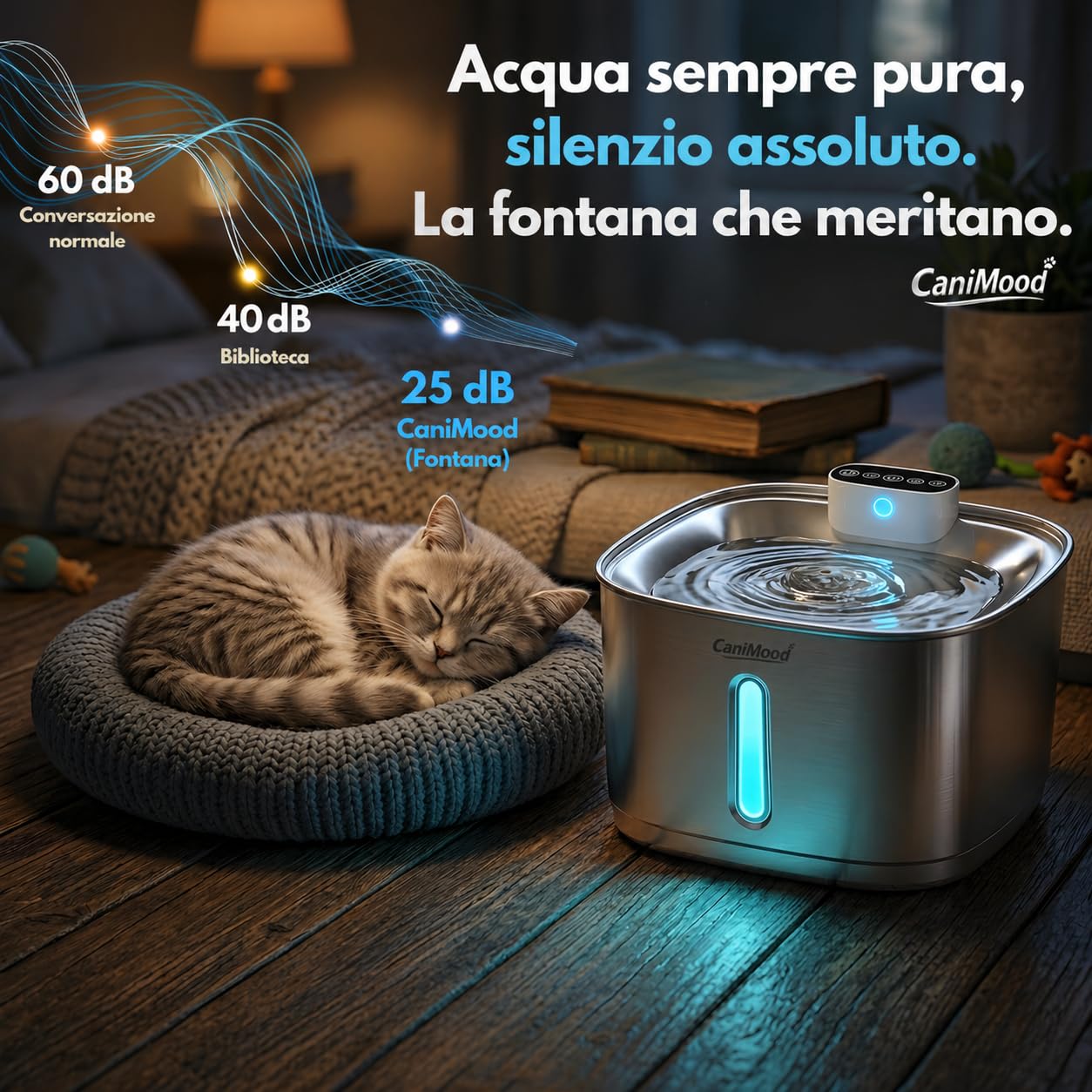 Fontana per l'acqua senza fili CaniMood da 3,2 litri per cani e gatti – Ultra silenziosa con sensore di movimento, filtrazione continua, LED, acciaio inossidabile