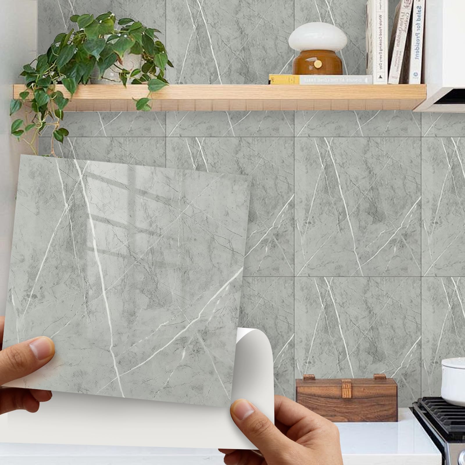 Takezuaa 30Pcs Grey Tile Stickers Self Adhesive Wall Tiles, Marble Stick on Tiles 30 x 30cm, PET Peel and Stick Wall Glossy Stickers for Kitchen Bathroom — image 1