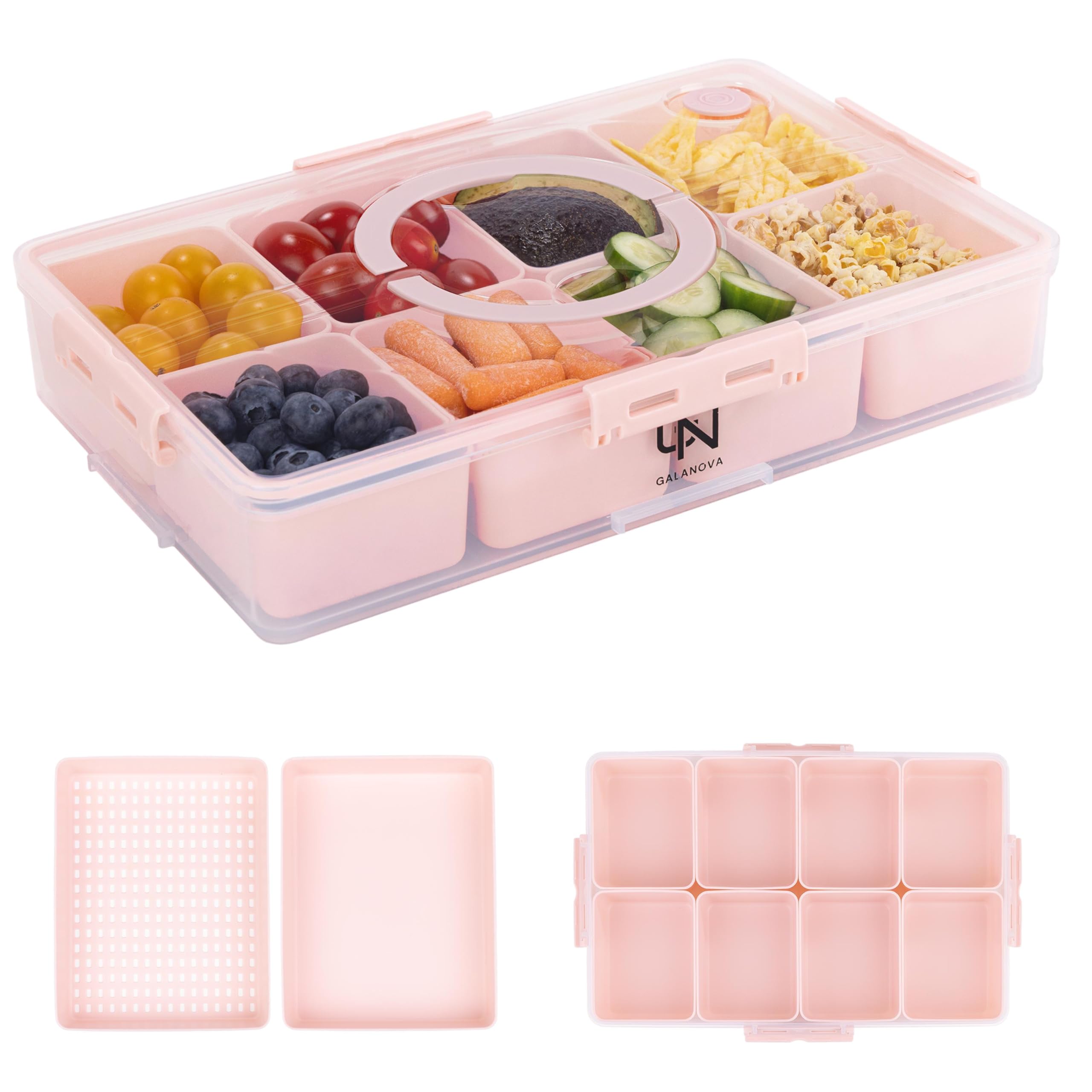 snackle box container - 10 compartments including 2 xl, dishwasher & microwave safe, divided serving tray with lid and handle, bpa-free, snack box (1 piece, pink, 1 box with 2 xl compartments)