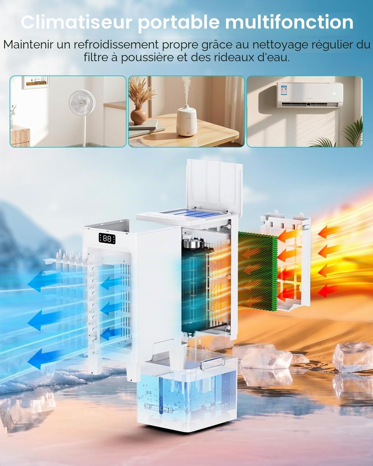 Climatiseur Mobile 4 en 1, Rafraîchisseur d'Air avec Réservoir 6L, 3 Vitesses 4 Modes, Minuterie 1-12H, 3 Vitesses 4 Modes, 4 Pack Glacons, Télécommande Incluse, pour Chambre, Salon, Bureau et Maison