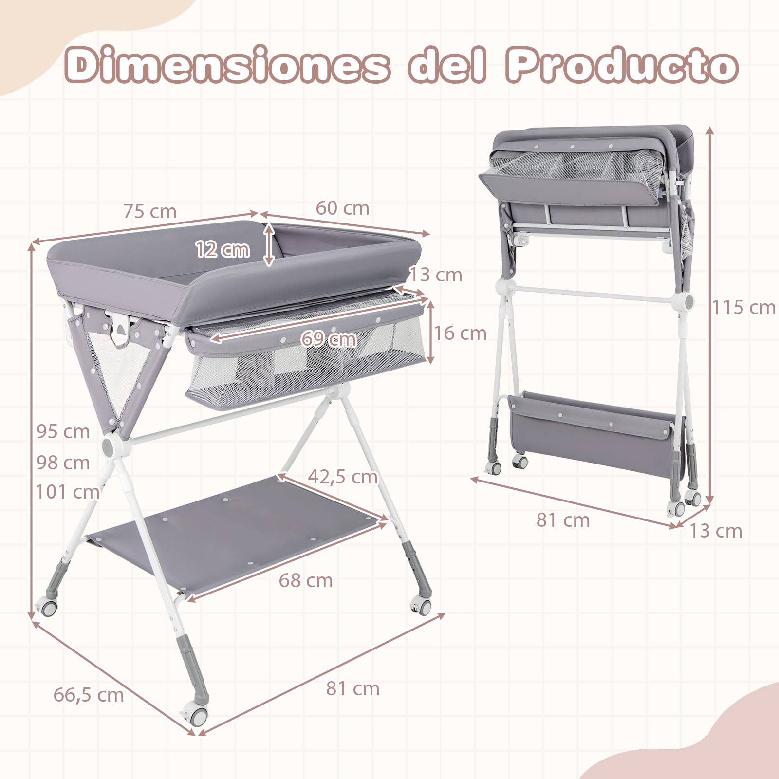 COSTWAY Cambiadora Bebé Portátil, Cambiador Plegable con Altura Ajustable de 3 Niveles, Organizador Móvil para Recién Nacidos con Cesta, Toallero, Estante y Ruedas Universales con Freno (Gris)