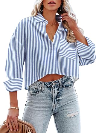 Button Down Crop Tops for Women Cropped Striped Shirts Dressy Casual Collared Blouses Summer Lightweight Tee Top