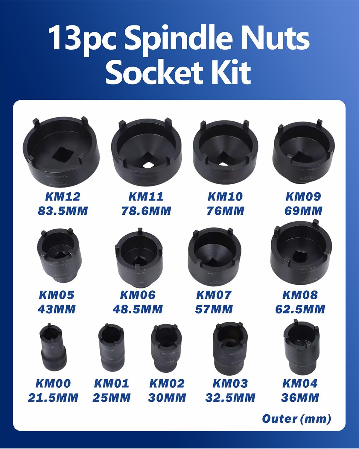 13pc Spindle Nuts Socket Kit Axle Nut Socket Set for KM Groove Nut