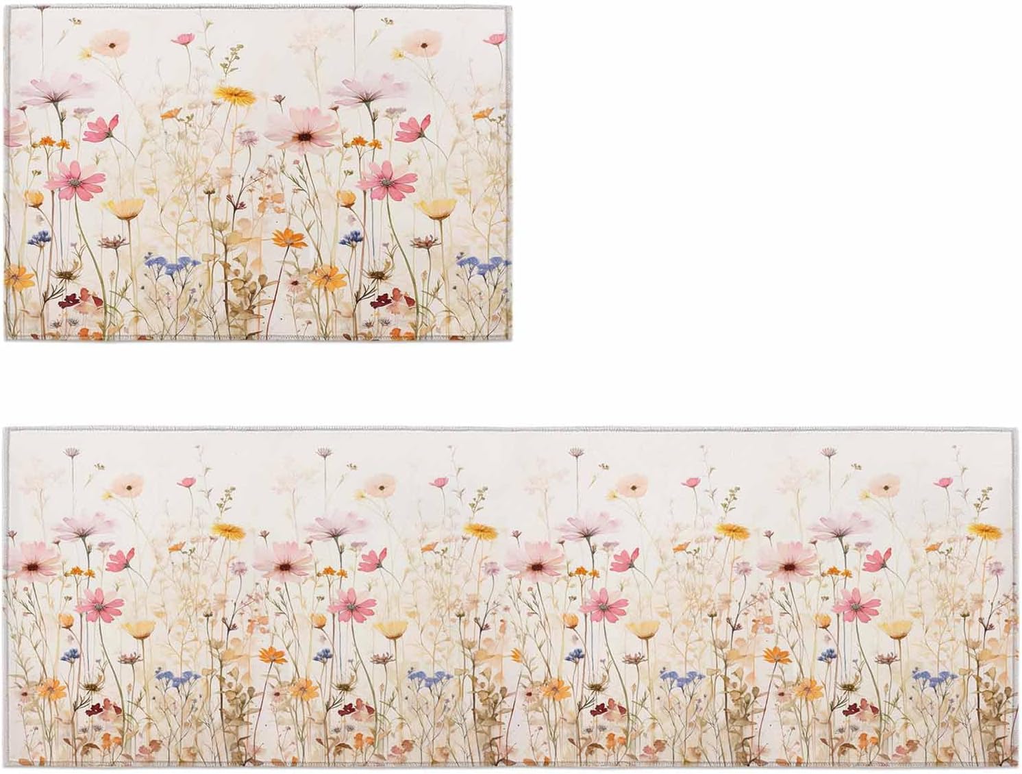 Kitchen Mats for Floor Spring Garden Watercolor Flower Washable Non Slip Kitchen Rugs 2PCS, Retro Blossom Floral Leaf Absorbent Standing Mats for Sink Office Living Room 15.7x23.6in+15.7x47.2in