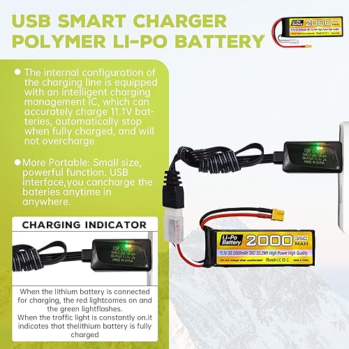 Miniatura 4 de sea jump 3S Lipo Batería 11.1V 2000mAh 35C con enchufe XT30 y cable de carga USB adecuado para coche RC, camión, barco RC, avión cuadricóptero,