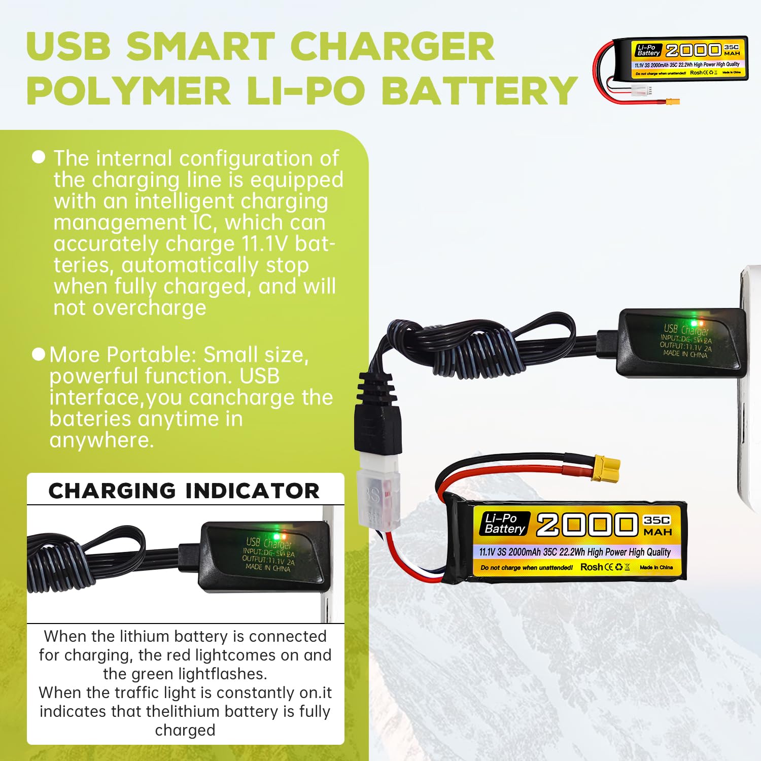 2PCS 3S Lipo11.1V 2000mAh 35C Batería con Enchufe XT30 con Cable de Carga USB para Buque de Control Remoto de Camiones automotrices RC vehículo de Cuatro rotores RC dron FPV