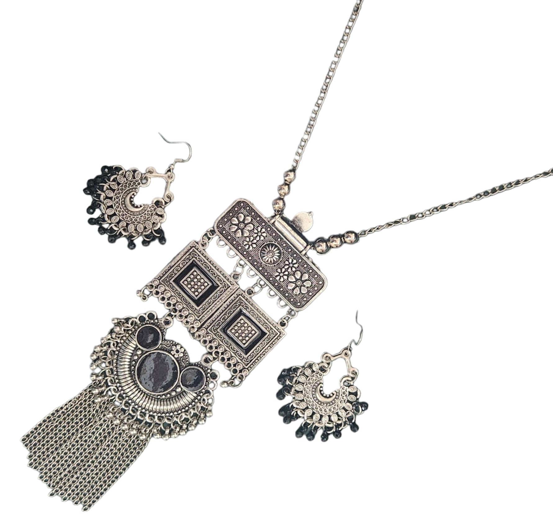 GenericLASHKARA OXIDIZED AFGHAN LONG NECKLACE WITH CHANDBALI EARRINGS