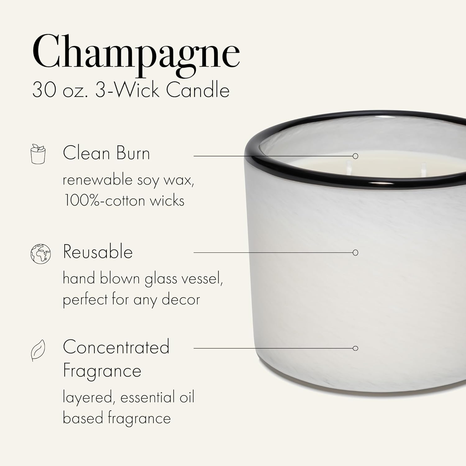 LAFCO New York 3-Wick Candle, Champagne - 30 oz - 120-Hour Burn Time - Reusable, Hand Blown Glass Vessel - Made in The USA - Image 2