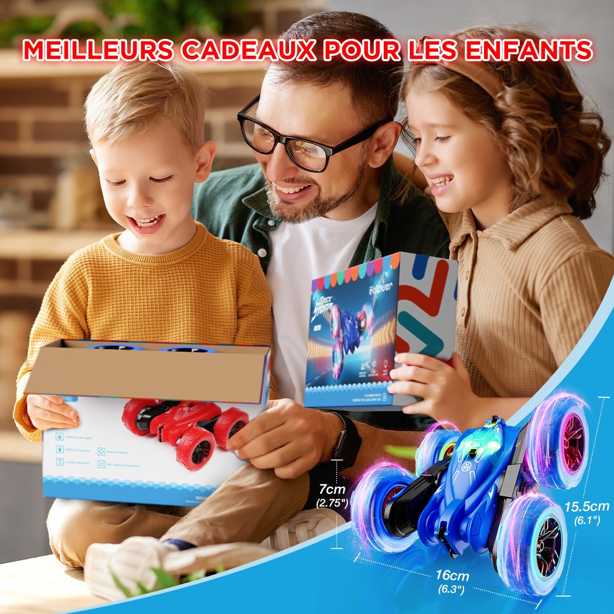 Voiture RC Stunt 4WD 15 Km/h – LED – Charge USB-C Rapide – Rotation 360° Et Flip – 2,4 GHz – Enfant 3-12 Ans