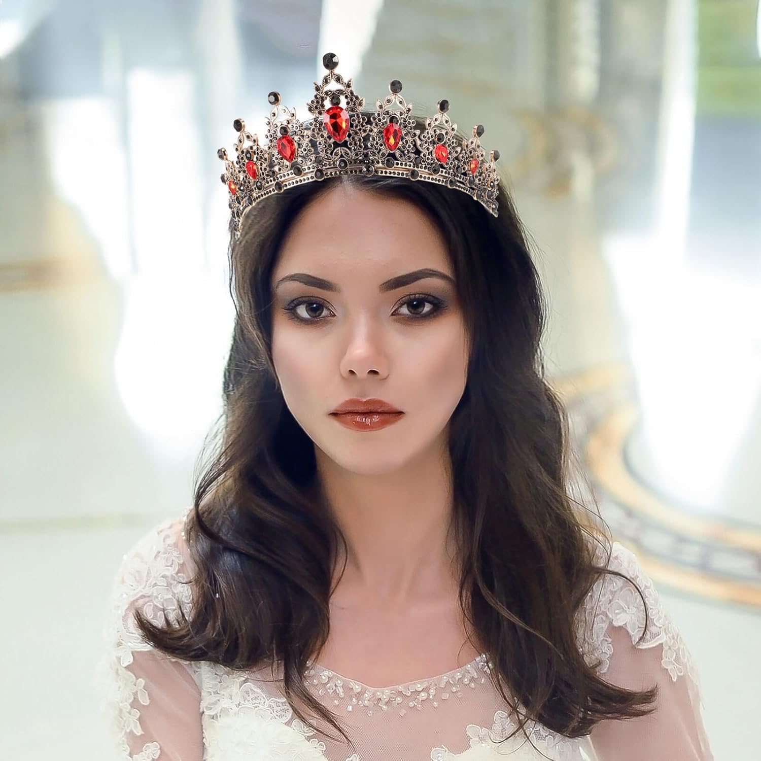 Baroque Bride Crowns Black Rhinestones Gothic Chic Tiaras Vintage Crystal Queen Princess Crown Headpieces Headband for Wedding Prom Halloween Pageant (Red) - Image 3