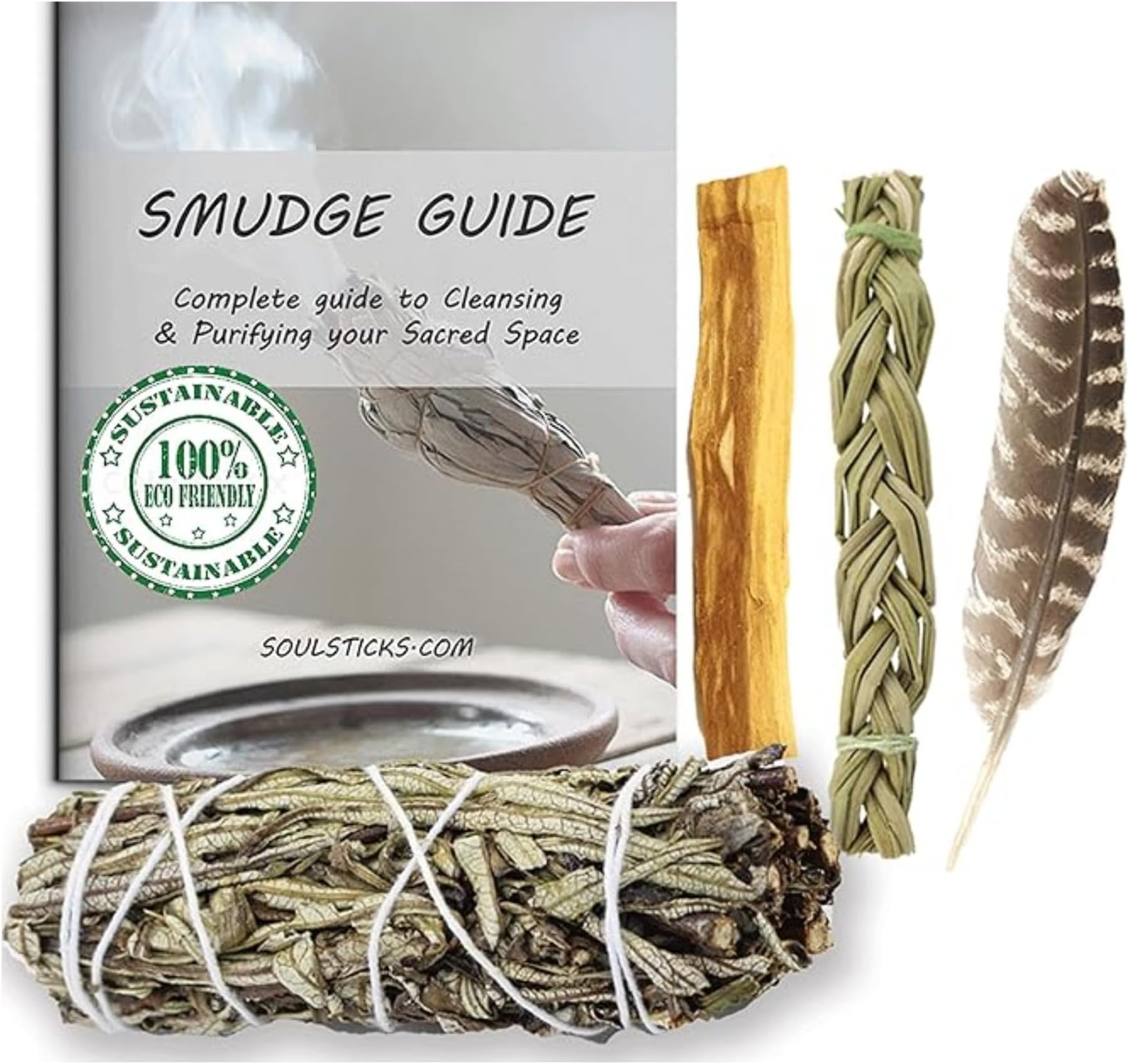 Ancient VEDA Organic Smudge Kit โ Yerba Santa, Palo Santo, Sweetgrass Braid, Feather & Smudge Guide | Home Cleansing Kit for Meditation, Yoga, Energy Healing & Gift (Starter Kit, Yerba Santa Sage)