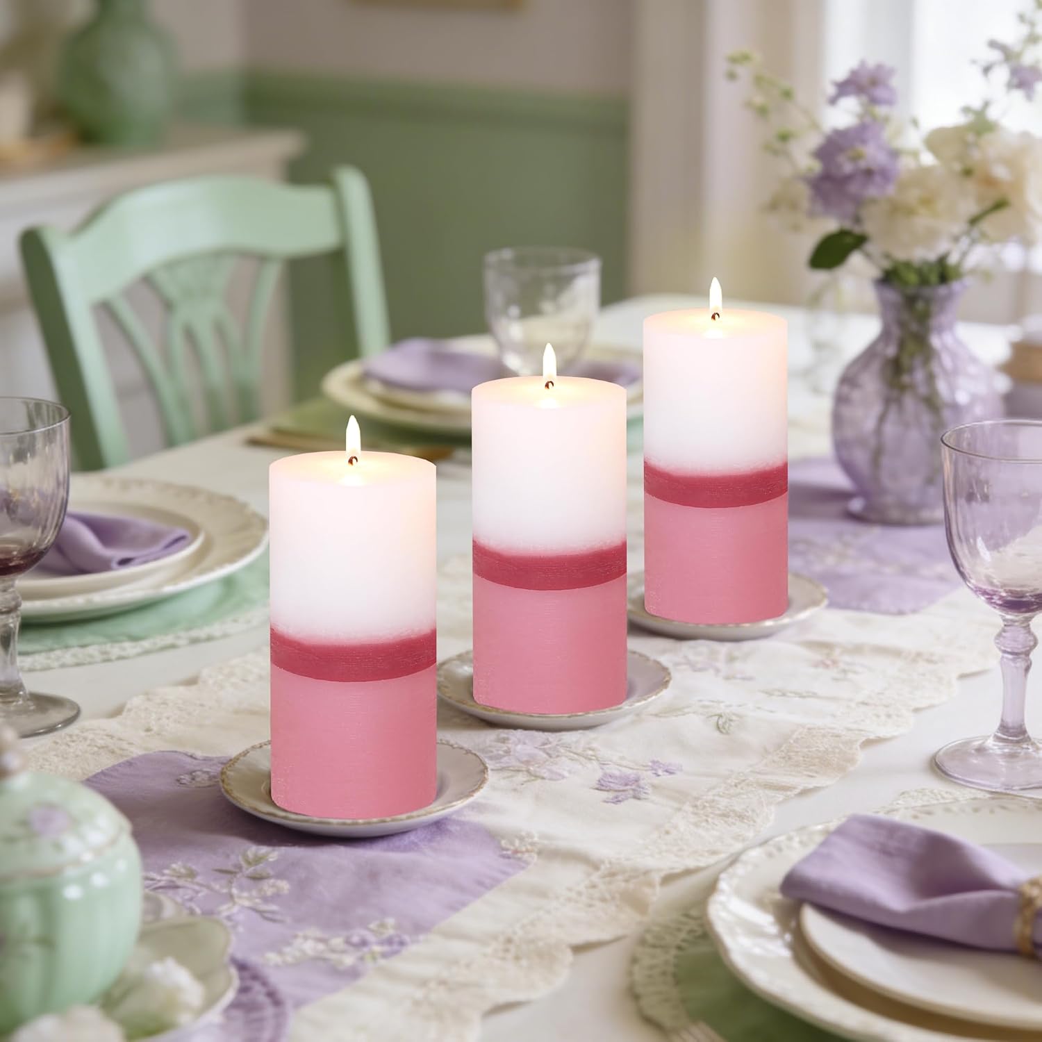 Pink White Pillar Candles, Handmade Cotton Core Sweet Flower Scented Candles, Smokeless Dripless, 70H+ Burning Time|1PC Aromatherapy Candle, Home, Dinner Table, Bathroom Decor, 3x6 Inch, Set of 3