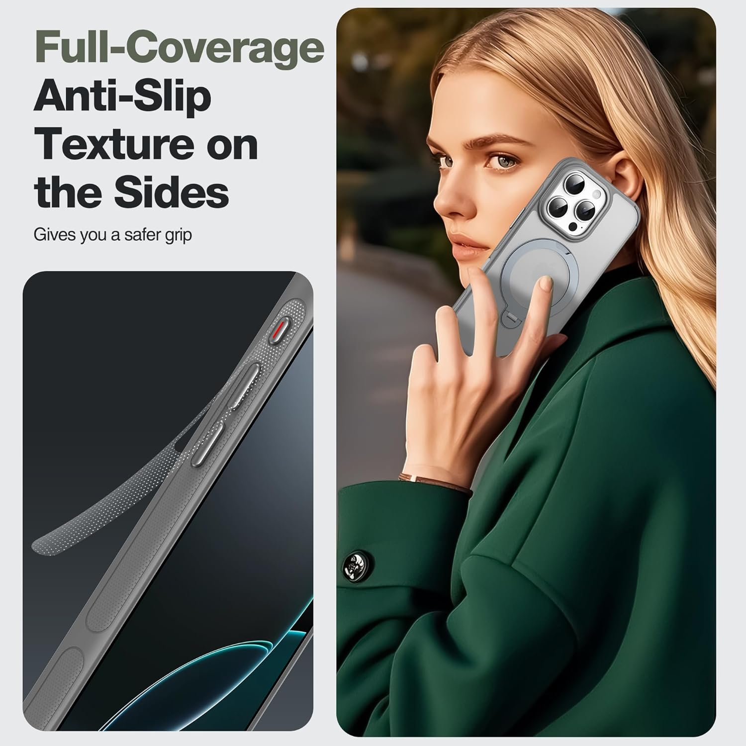 Tapify Magnetic Stand Case for iPhone 16 Pro, with 360° Rotatable Invisible Ring Kickstand, Compatible with MagSafe, Military Grade, Non-Slip Soft Edge Translucent Matte Phone Case, 6.3", Gray