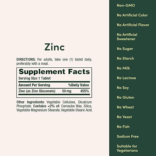 Miniatura 13 de Nature's Bounty Zinc Suplemento dietético que apoya la función del sistema inmunitario, 50 mg, comprimidos, 100