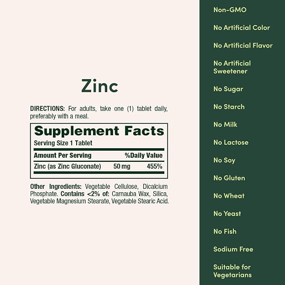 Natures Bounty Zinc 50mg, Immune Support & Antioxidant Supplement, Promotes Skin Health, 1 Caplet Per Day, Gluten Free, 250 Vegetarian Caplets