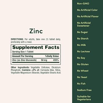 Natures Bounty Zinc 50mg, Immune Support & Antioxidant Supplement, Promotes Skin Health, 1 Caplet Per Day, Gluten Free, 250 Vegetarian Caplets