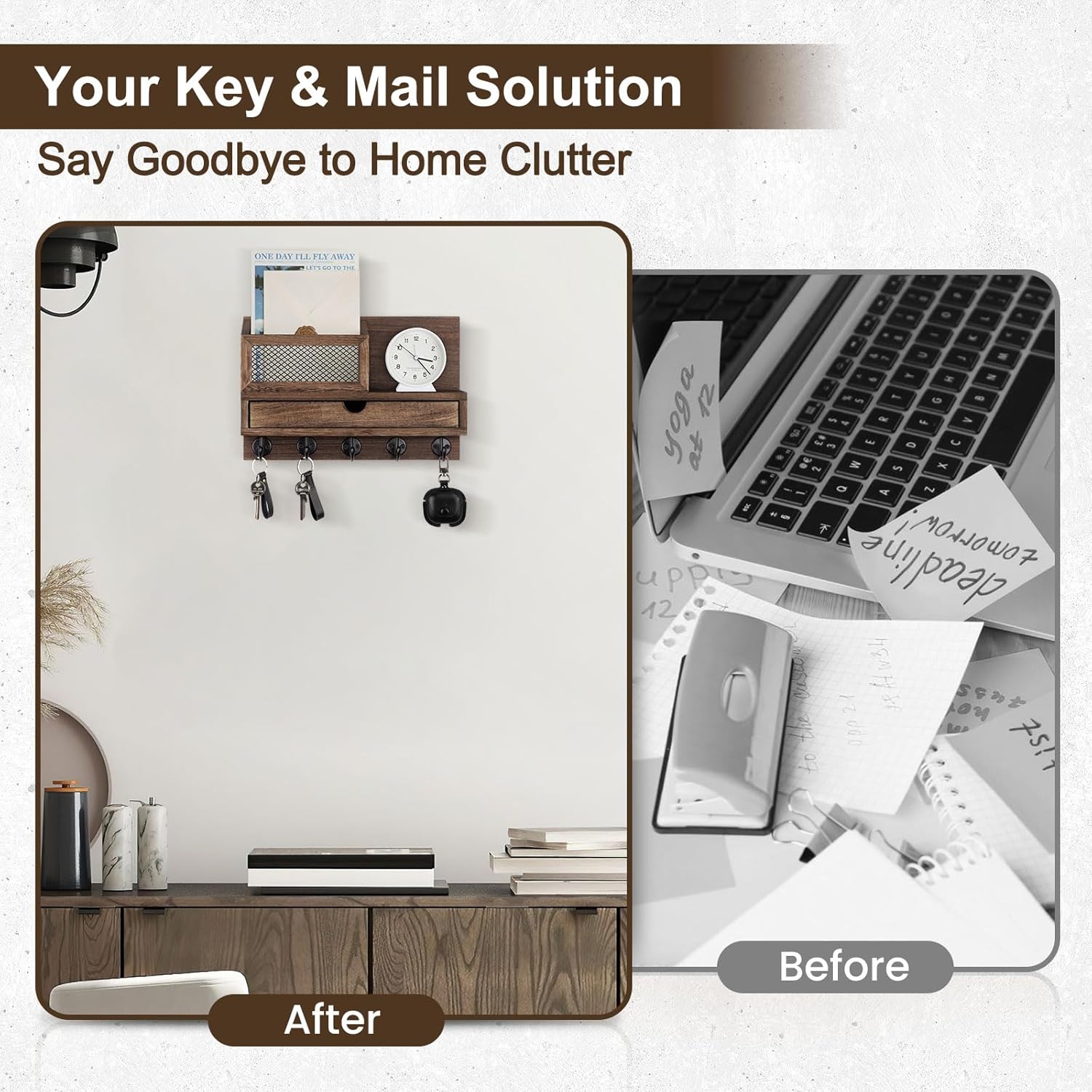 Key Holder Wall Mount, Key Holder for Wall with 5 Key Hooks and Storage Drawer Mail Organizer for Entryway Living Room Farmhouse Home Decor