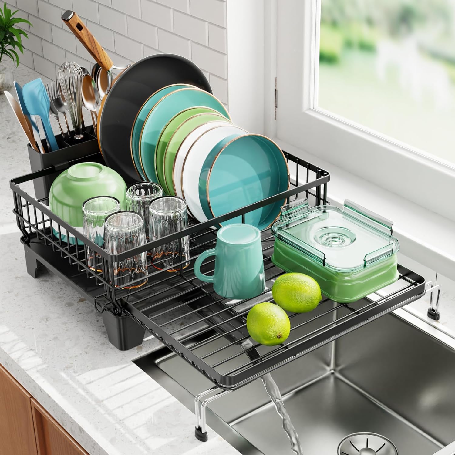 Swedecor Extendable Dish Drying Rack - Large 2-in-1 Dish Racks for Kitchen Counter with Drainboard & Pan Slots, Anti-Rust Over Sink Dish Drainer, 12.6" to 22.4" L x 16.7" W, Black