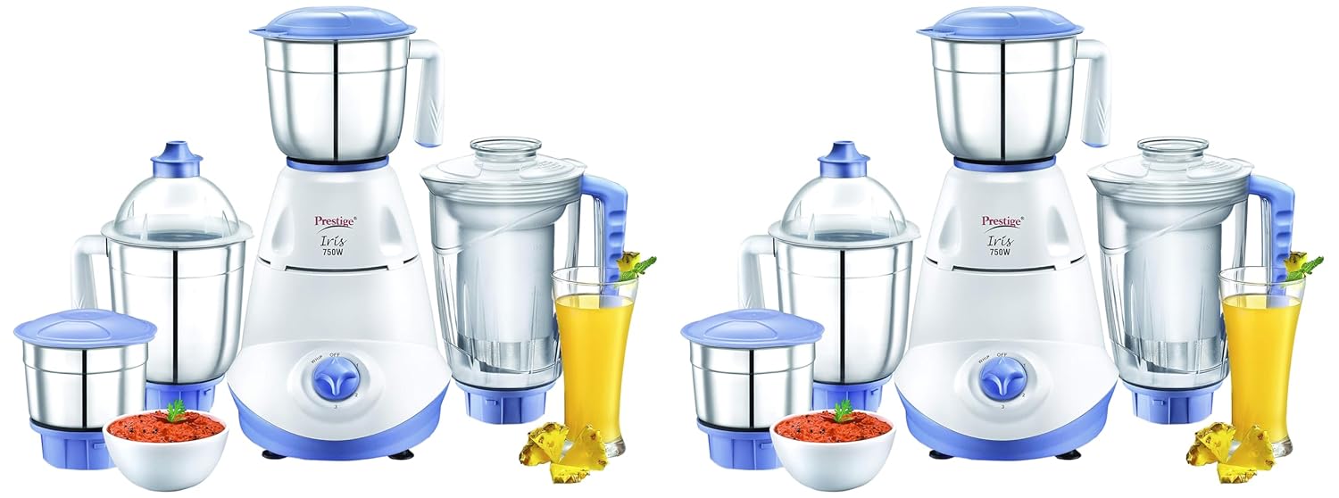 Prestige Iris 750 Watt Mixer Grinder with 3 Stainless Steel Jar + 1 Juicer Jar (White and Blue) (Pack of 2)