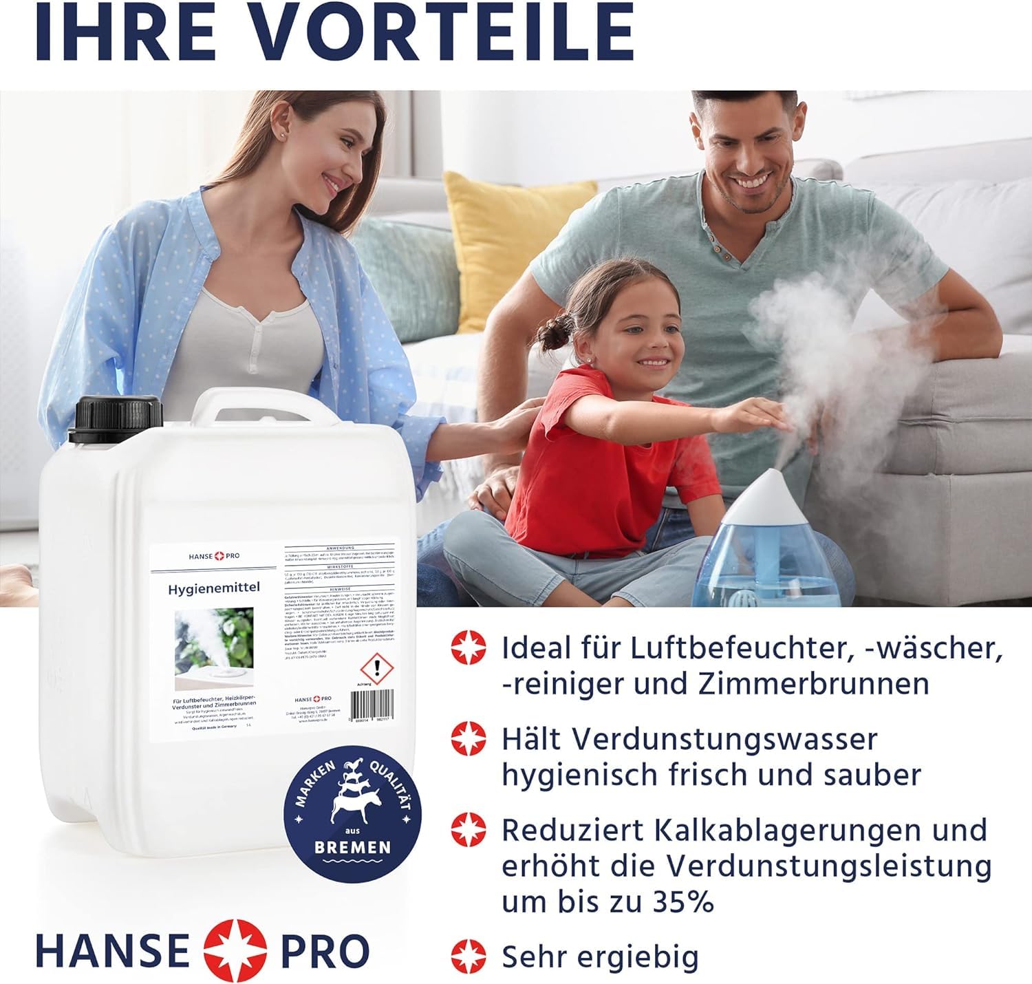 HANSE PRO Pflege-Set für Luftbefeuchter und Luftwäscher, 2 x 5000 ml I Hygiene-Mittel I hält Verdunstwasser hygienisch einwandfrei I Universal-Entkalker I gegen Wiederverkalkung