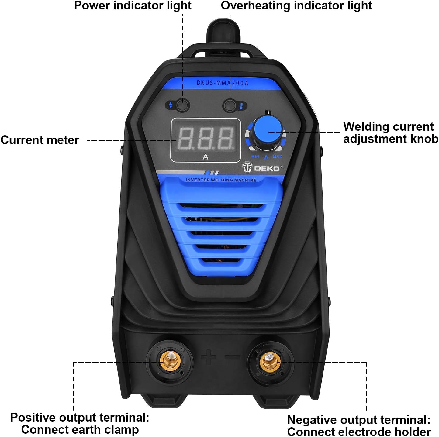 DEKOPRO 200Amp MMA Welder, 110/220V Stick Welder Dual Voltage ARC Welders Portable Welding Machine Electrode Holder, Work Clamp, Input Power Adapter Cable and Brush - - 
