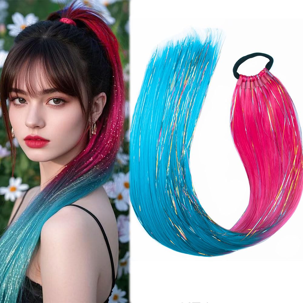 Rainbow Ponytail Extensions with Elastic Tie Glitter Mermaid Coloured Hair Extensions for Braiding Soft Natural Looking Pony Tail hairpiece for Girl Women Cosplay Party (Peach Red Lake Blue)