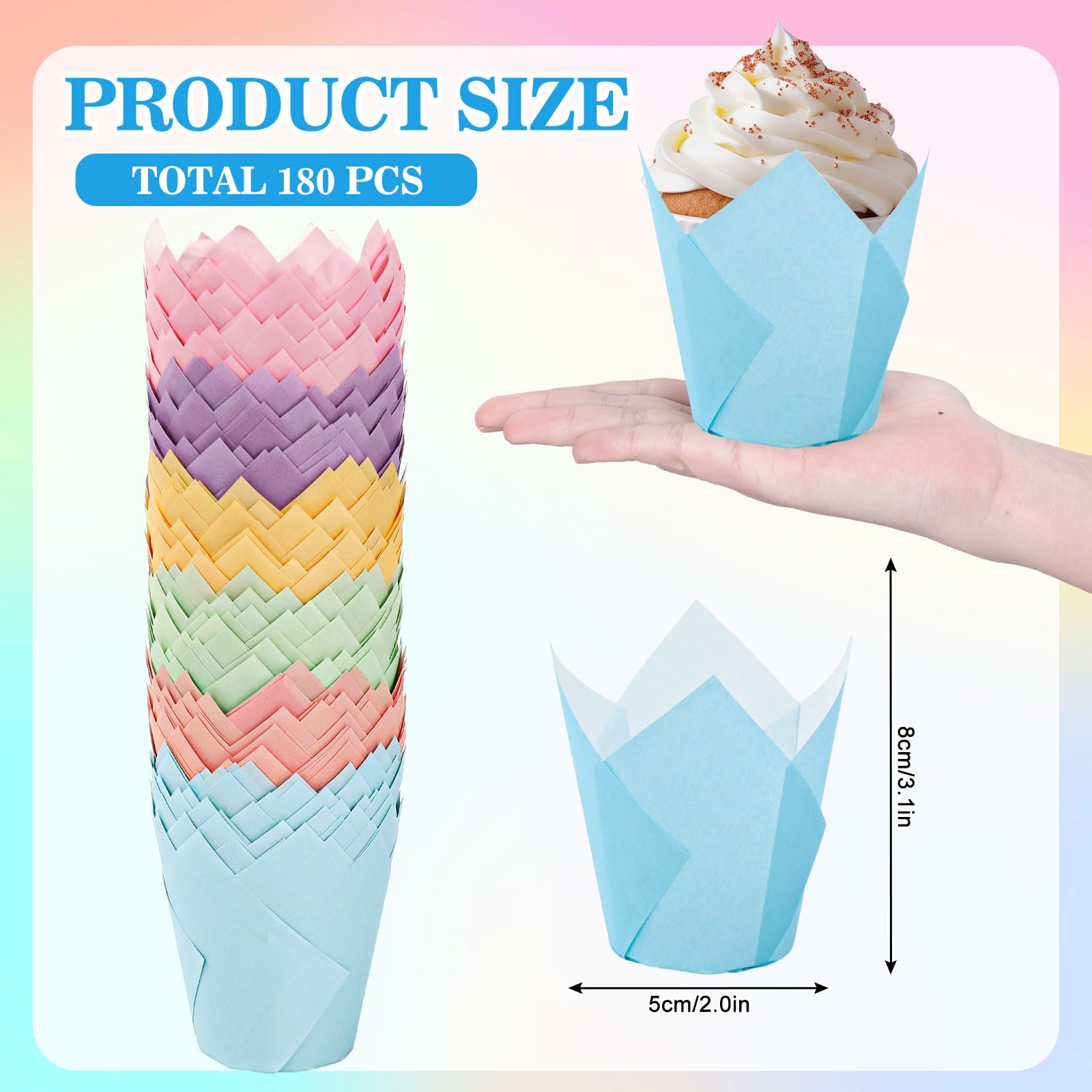FYSUIMU 180 moldes para magdalenas de tulipán pastel, coloridos moldes para hornear magdalenas, rosa, azul, morado, amarillo, naranja, verde, para primavera, Pascua, vacaciones, suministros de fiesta