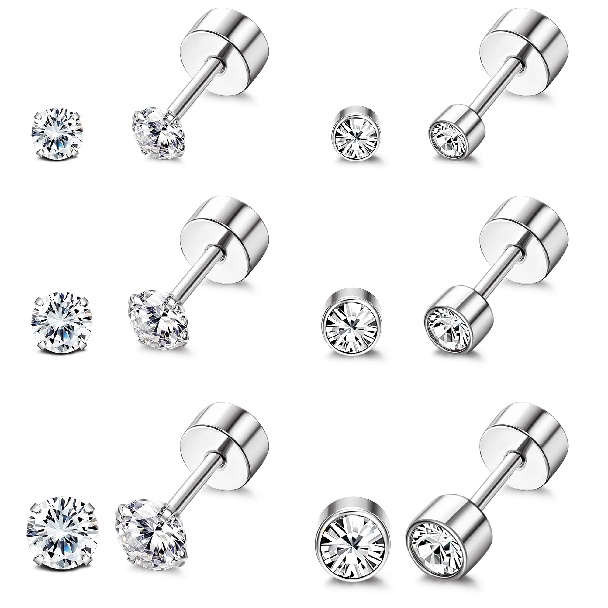 KakoniaTitanium Earrings for Sensitive Ears G23 Pure Titanium Stud Earrings for Women Hypoallergenic Titanium Cartilage Earrings 20G 2/3/4mm Cubic Zirconia Flat Back Earrings