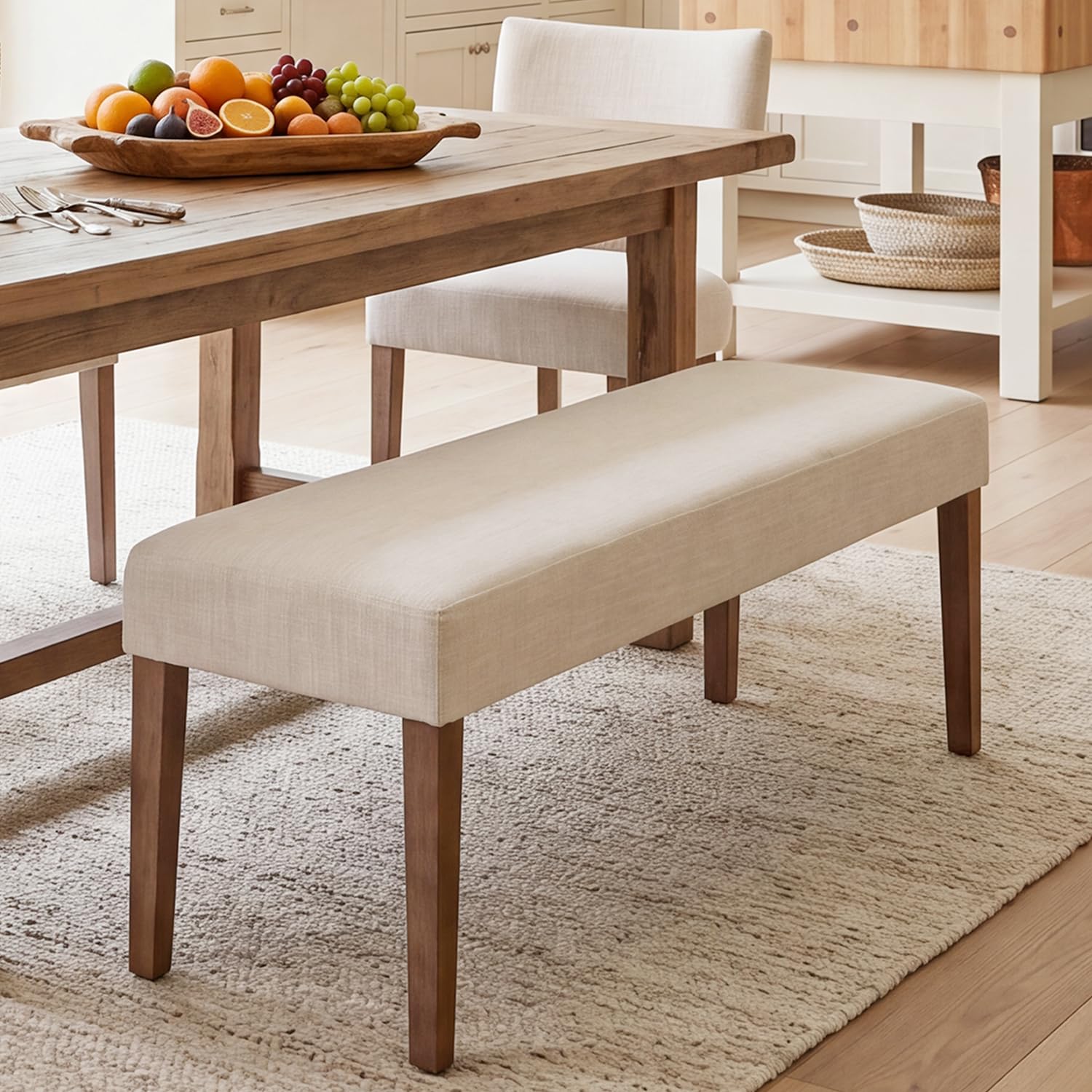 HNY Farmhouse Upholstered Dining Bench Seat, 45" Linen Entryway Bench with Natural Wood Legs, Mid Century Modern End of Bed Bench for Kitchen Bedroom Living Room Hallway, for 2-3 Person, Beige