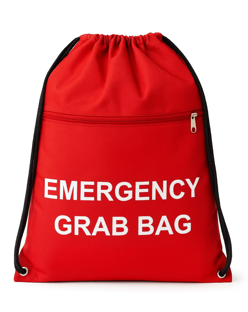 MediCounter Emergency Grab Bag – Water-Resistant Drawstring Emergency Go Bag (42x49cm) with Zip Pocket & Info Tag - Red
